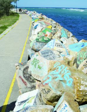 The break wall rocks are very colourful indeed. Some like the artwork, others think it’s ‘untidy’. Either way, there are plenty of pictures and lots to read on your way to the river mouth.